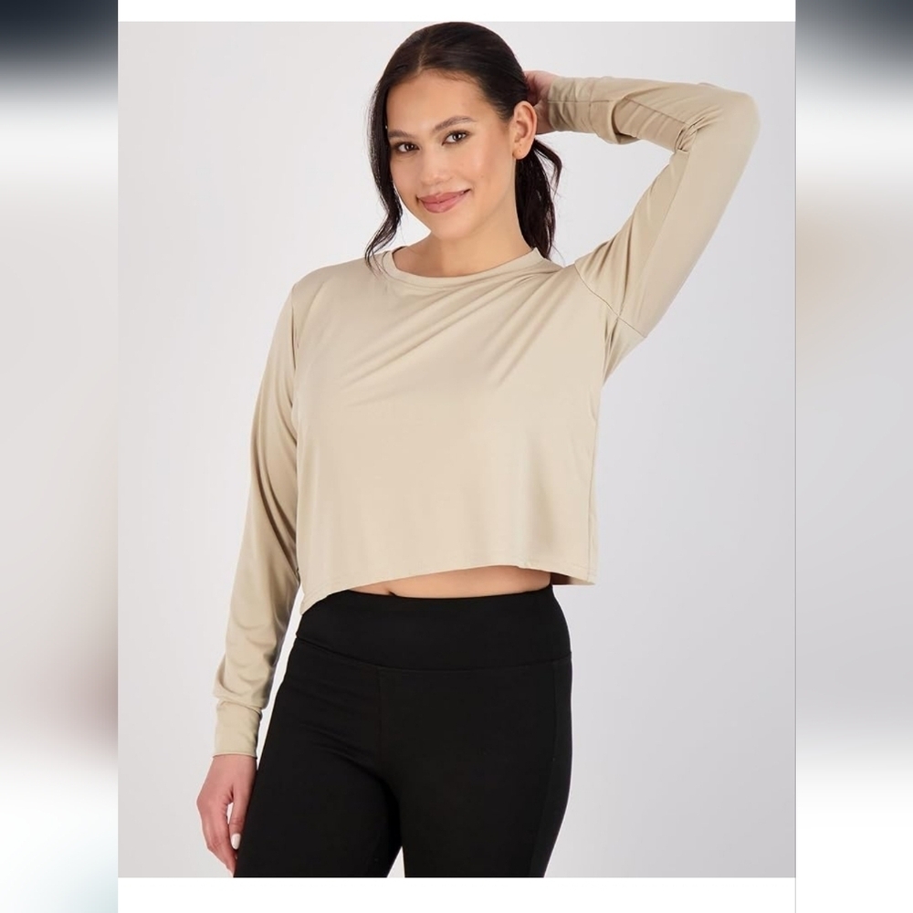 Women's Dry Fit Crop Top - Long Sleeve Crew Neck Stretch Athletic Tee